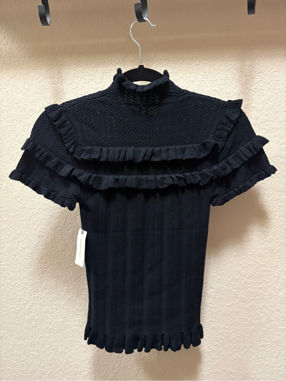 Anthropologie Black Ruffle-Trim Knit Short Sleeve Mock Neck Top - Picture 2 of 3